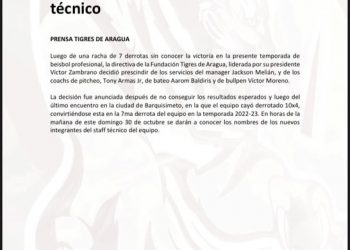 Tigres de Aragua despidió al mánager Jackson Melián luego de siete derrotas consecutivas