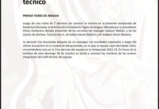 Tigres de Aragua despidió al mánager Jackson Melián luego de siete derrotas consecutivas